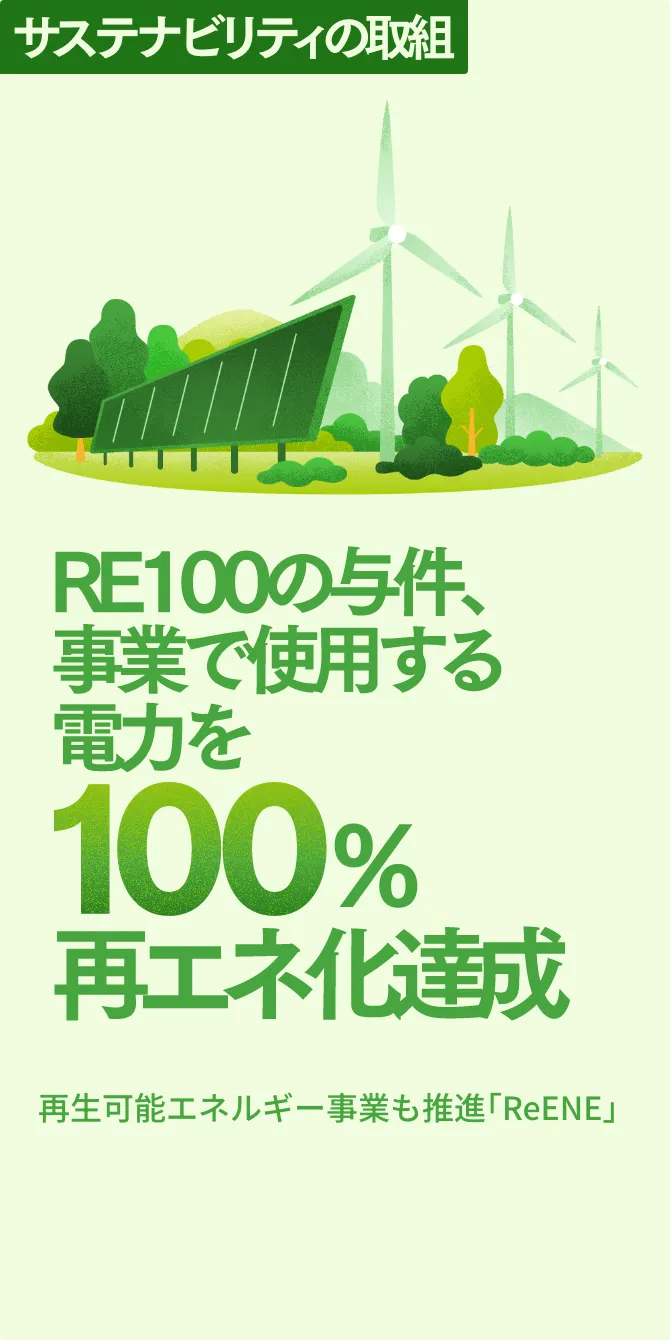 サステナビリティの取組 RE100の与件、事業で使用する電力を100％再エネ化達成 再生可能エネルギー事業も推進「ReENE」